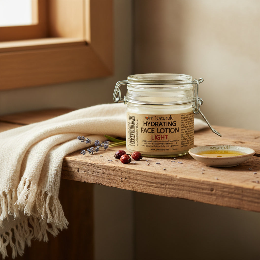 Om Naturale Hydrating Face Lotion Light styled in natural bathroom setting with plants and linen, Canadian small‑batch face moisturizer for daily skincare routine