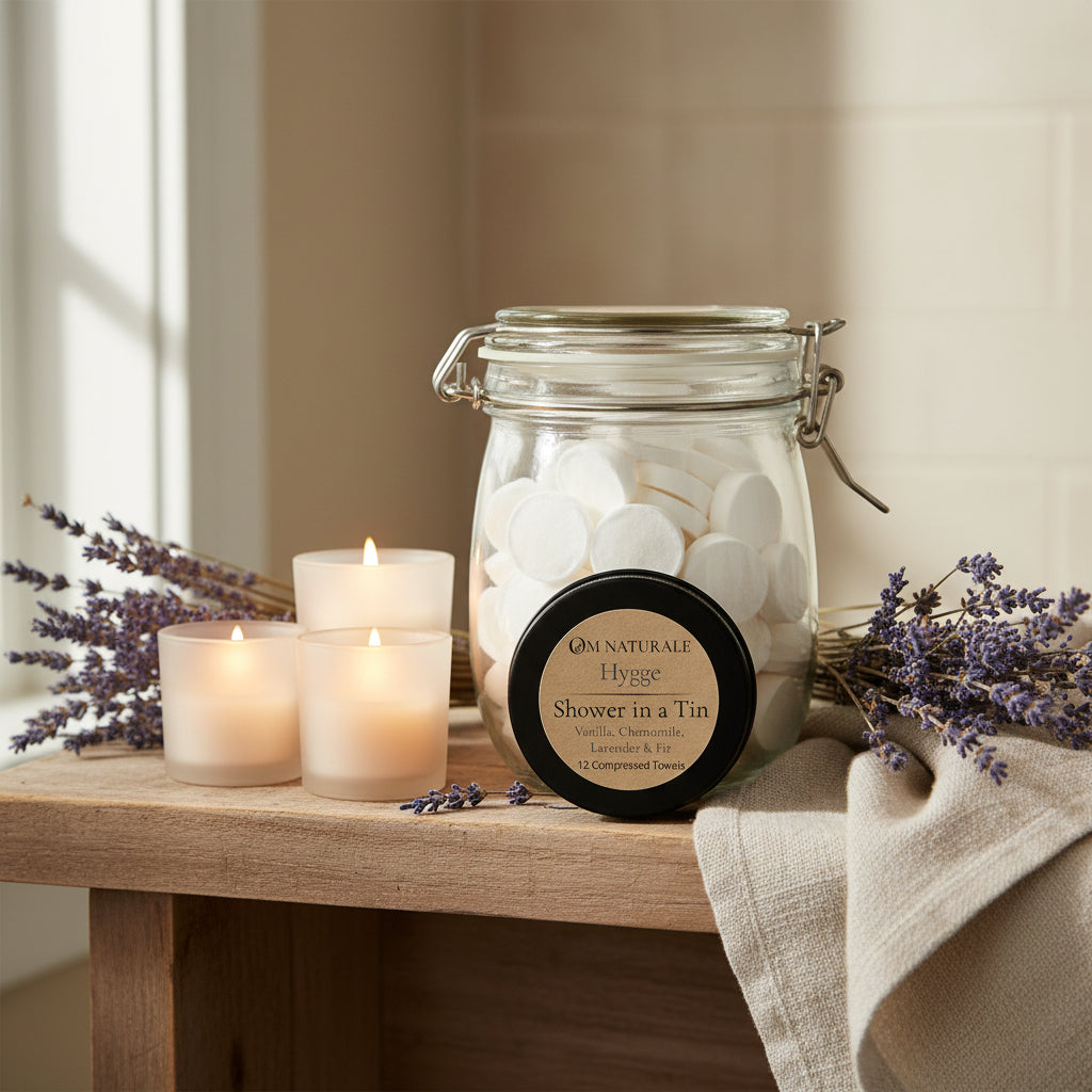 Om Naturale Hygge 120-count compressed towel refill jar displayed with a Hygge Shower in a Tin.
