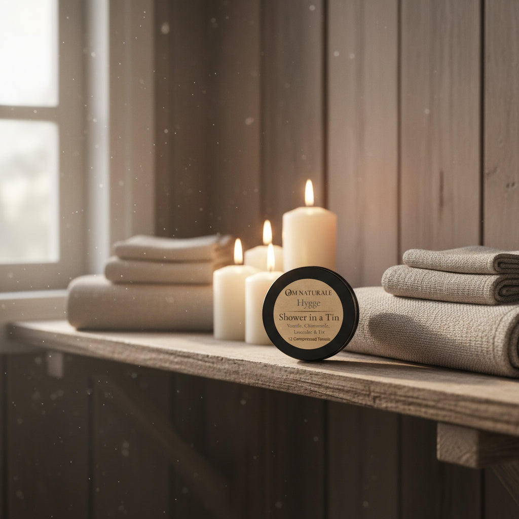 Om Naturale Hygge Shower in a Tin displayed in a cozy cabin bathroom.