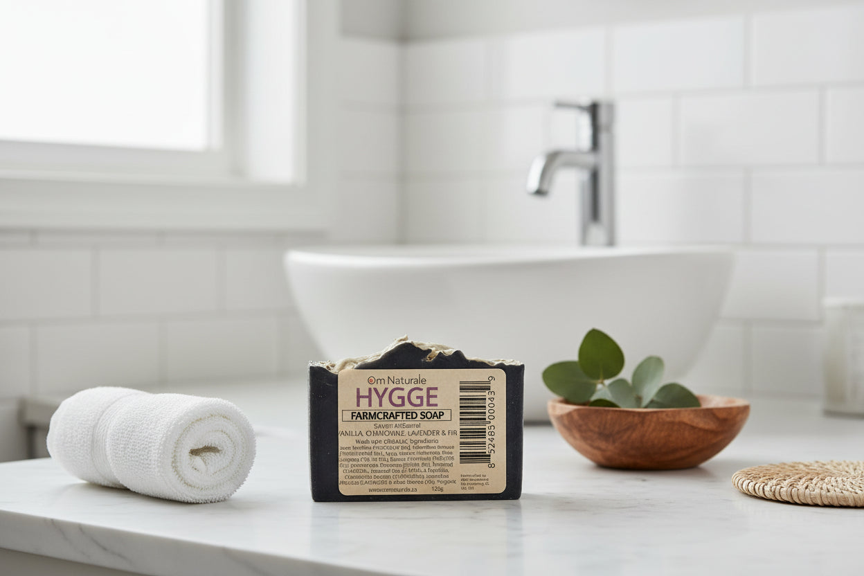 Hygge Farmcrafted Soap showing rich texture and activated charcoal, natural artisanal soap from Om Naturale