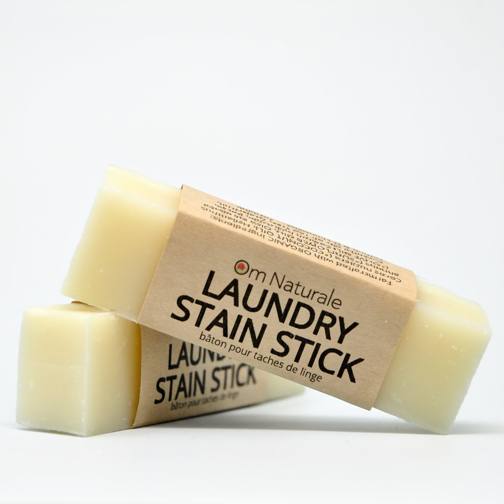 Close-up of Om Naturale Laundry Stain Stick showing texture, natural stain remover with borax and essential oils