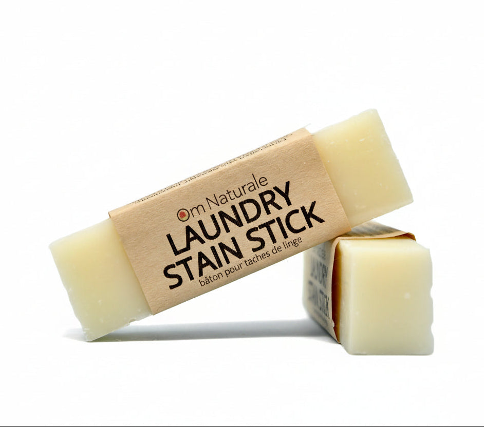 Om Naturale Laundry Stain Stick on white background, Canadian made natural stain remover bar with essential oils for laundry