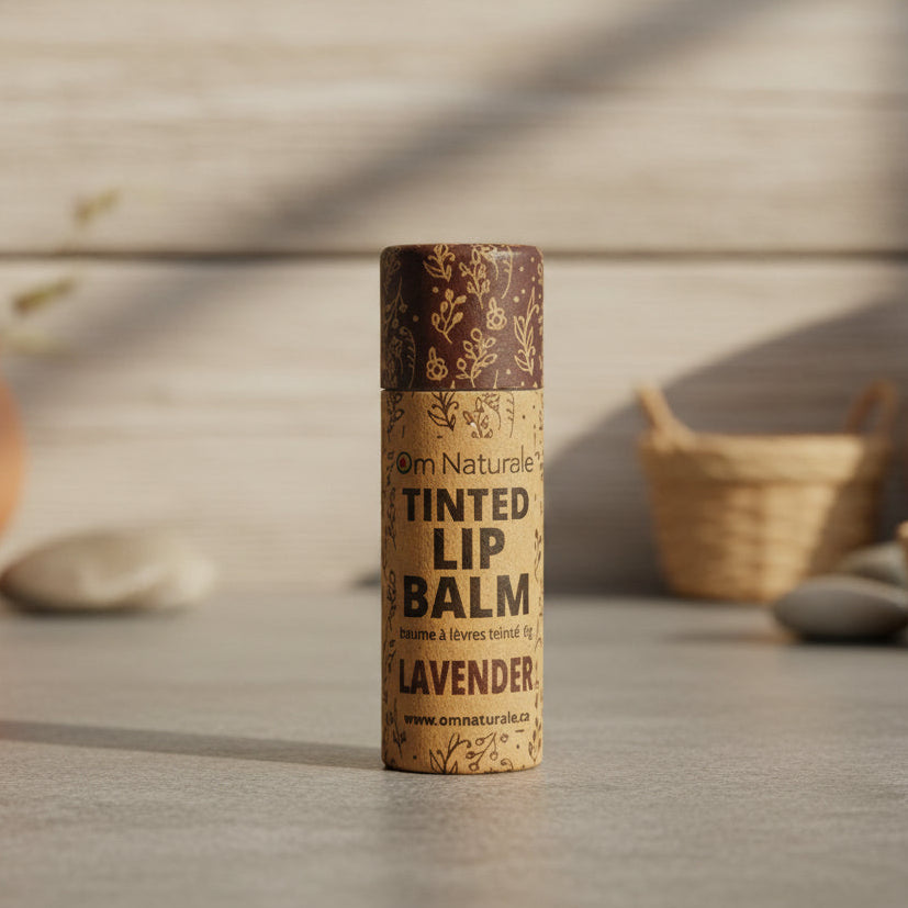 Om Naturale Lavender tinted lip balm in light purple – sheer dramatic tint, nourishing and eco compostable