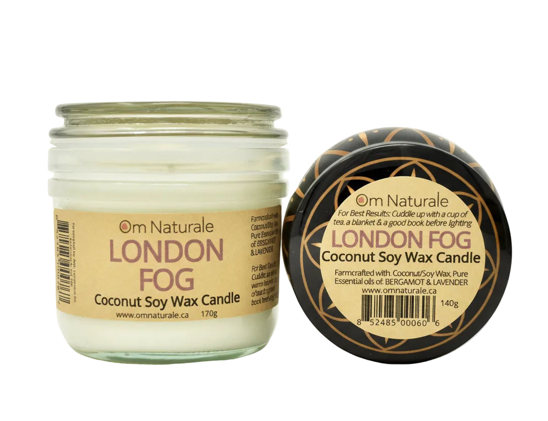 Om Naturale London Fog Coconut Wax Candle set with glass jar and tin, natural plant-based candle with bergamot, earl grey and cream scent for cozy home fragrance