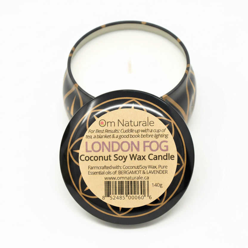 Om Naturale London Fog Coconut Wax Candle in tin, natural plant-based candle with bergamot, earl grey and cream scent for relaxing home ambiance