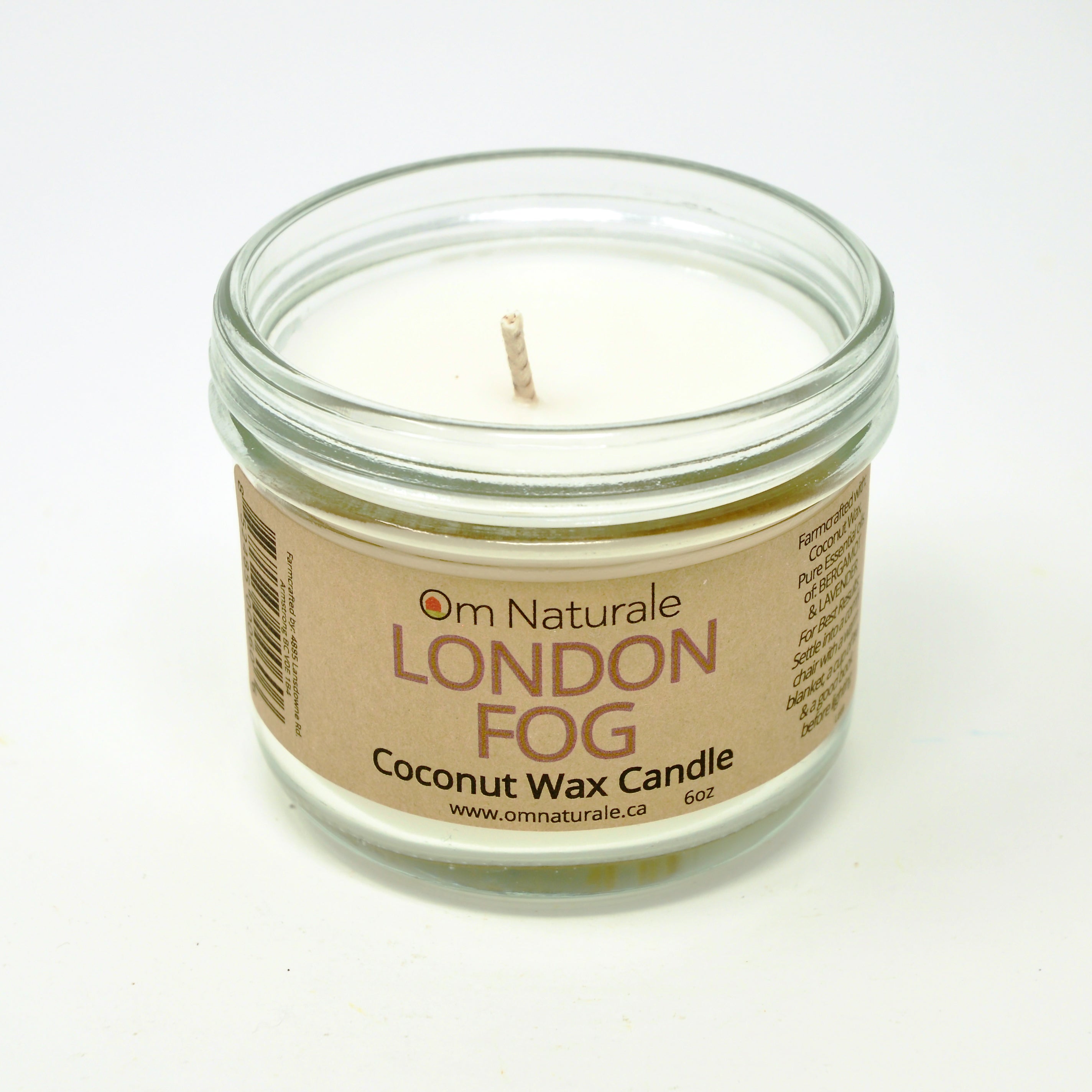 London Fog Coconut Wax Candle by Om Naturale in glass jar, plant-based candle with bergamot, earl grey and cream for warm, cozy home fragrance
