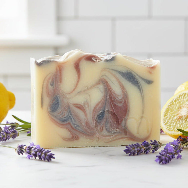 Om Naturale London Fog Farmcrafted Soap styled in natural bathroom setting, Canadian small-batch soap for calming self-care