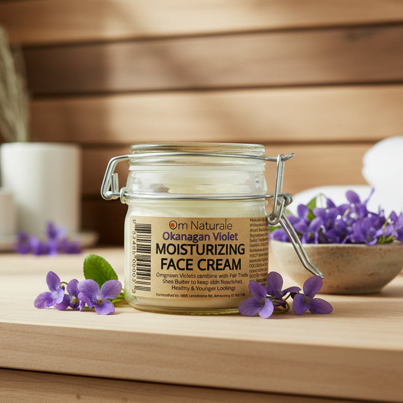 Om Naturale Moisturizing Cream styled on natural bathroom counter with purple violets and linen, Canadian small-batch face care for daily moisturization