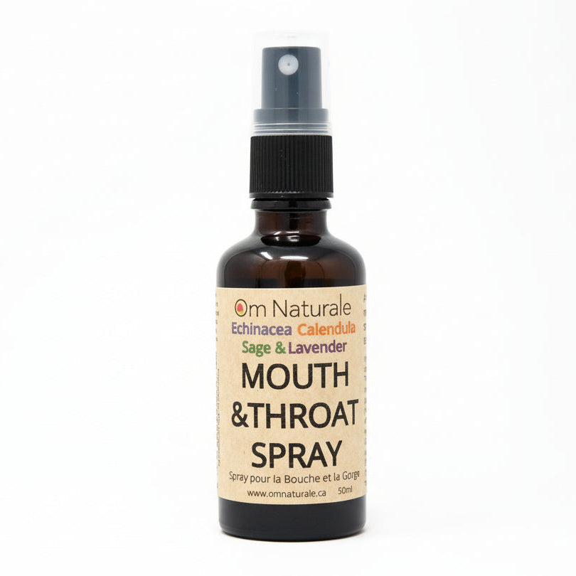 Om Naturale Mouth & Throat Spray in glass bottle, Canadian made natural oral care spray with echinacea, sage, calendula and peppermint