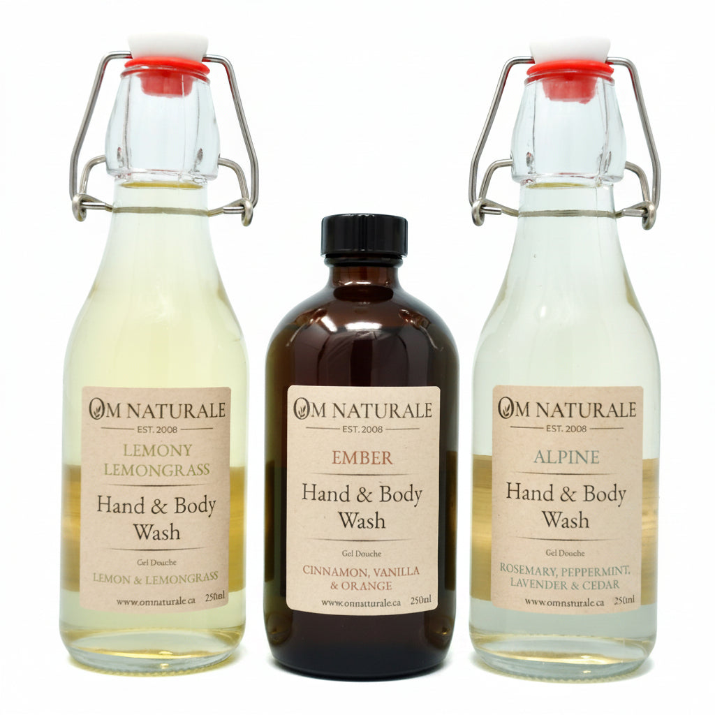 Collection of Om Naturale natural Hand & Body Wash in Ember, Alpine and Lemony Lemongrass scents.
