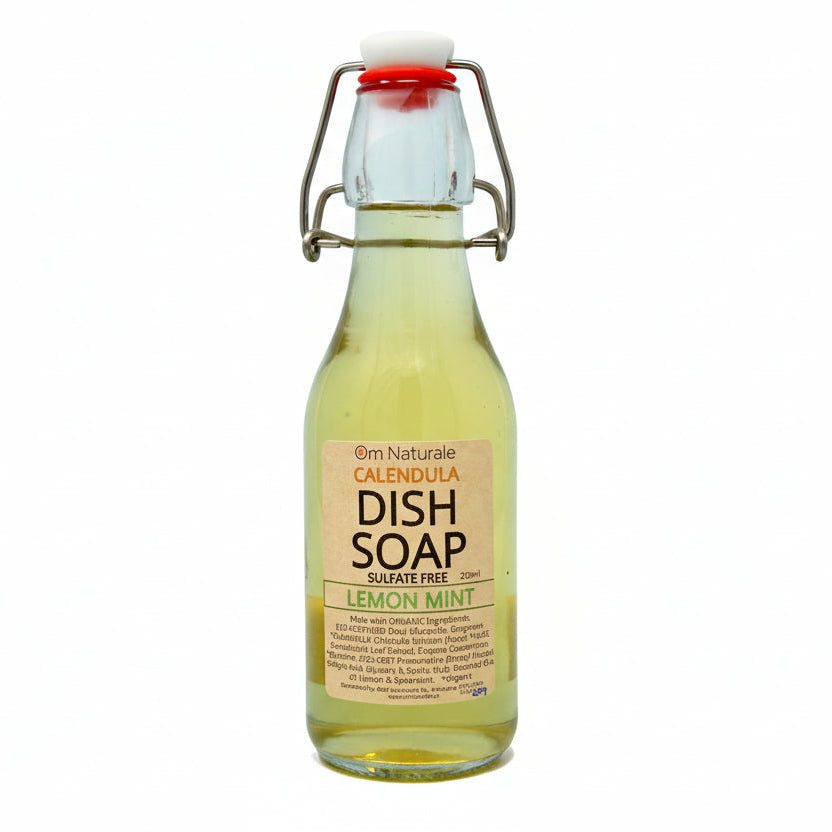 Om Naturale plant‑based liquid dish soap with calendula, lemon and spearmint essential oils for effective grease cutting and gentle dishwashing