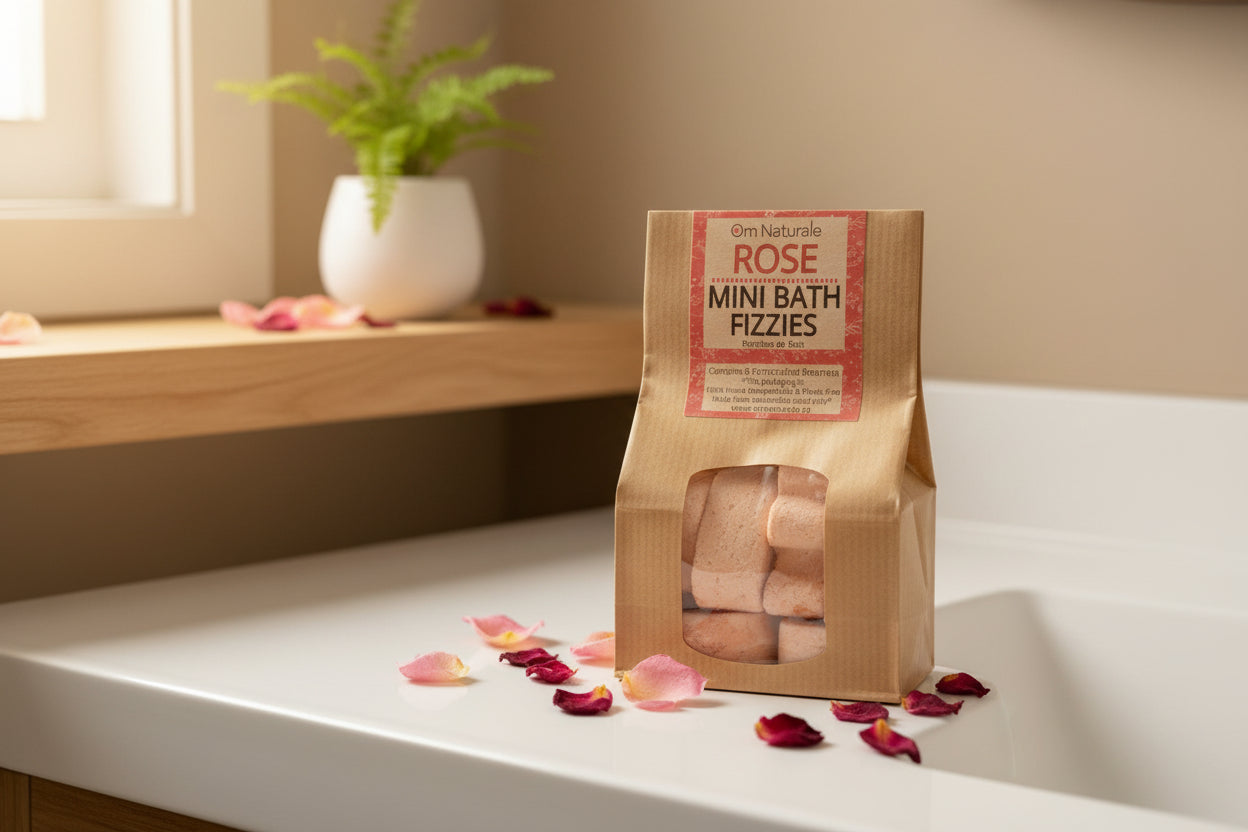 Om Naturale Rose Mini Fizzies in bathtub setting, natural plant-based bath fizzies with geranium and rose geranium essential oils and botanicals for luxurious bath relaxation