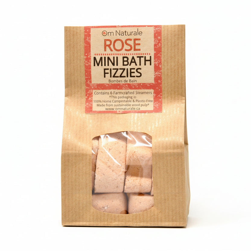 Om Naturale Rose Mini Fizzies, natural plant-based bath fizzies with rose essential oil and dried botanicals for soothing, fragrant bath experience