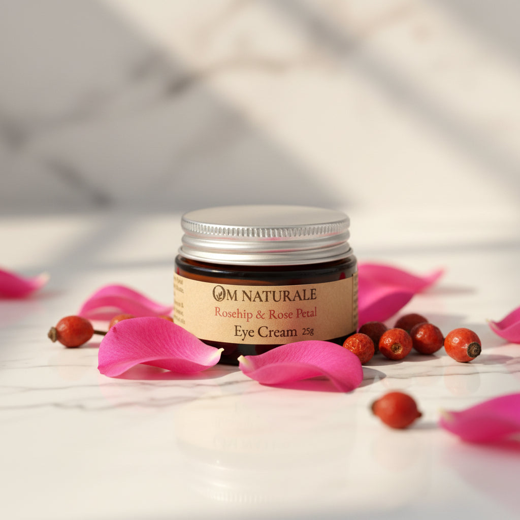 Om Naturale Rosehip & Rose Petal Eye Cream displayed in a relaxing botanical skincare setting with the jar closed.