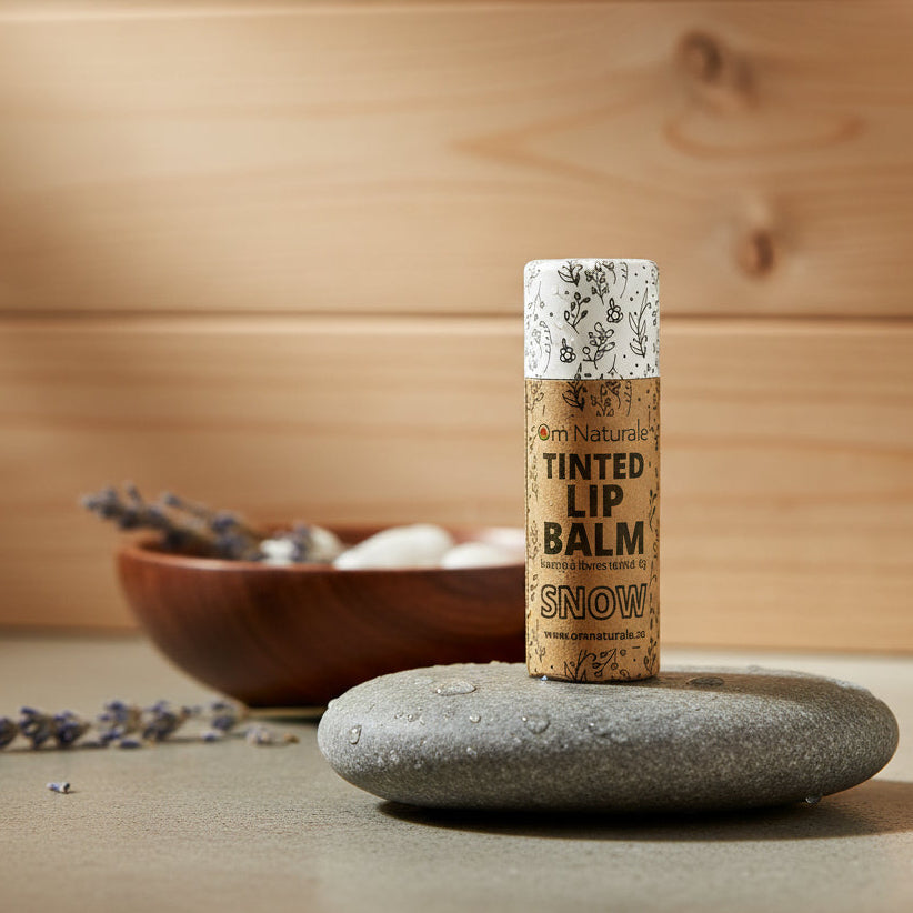 Om Naturale Snow tinted lip balm clear white – sheer shine and protection layer, home compostable natural lip balm