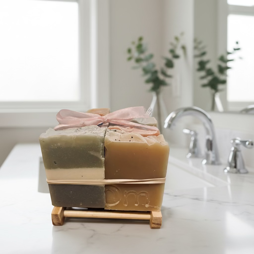 Om Naturale soap 6-pack gift set with recycled wood soap dish – 6 assorted half bars of natural organic handmade soaps, eco-friendly vegan bundle