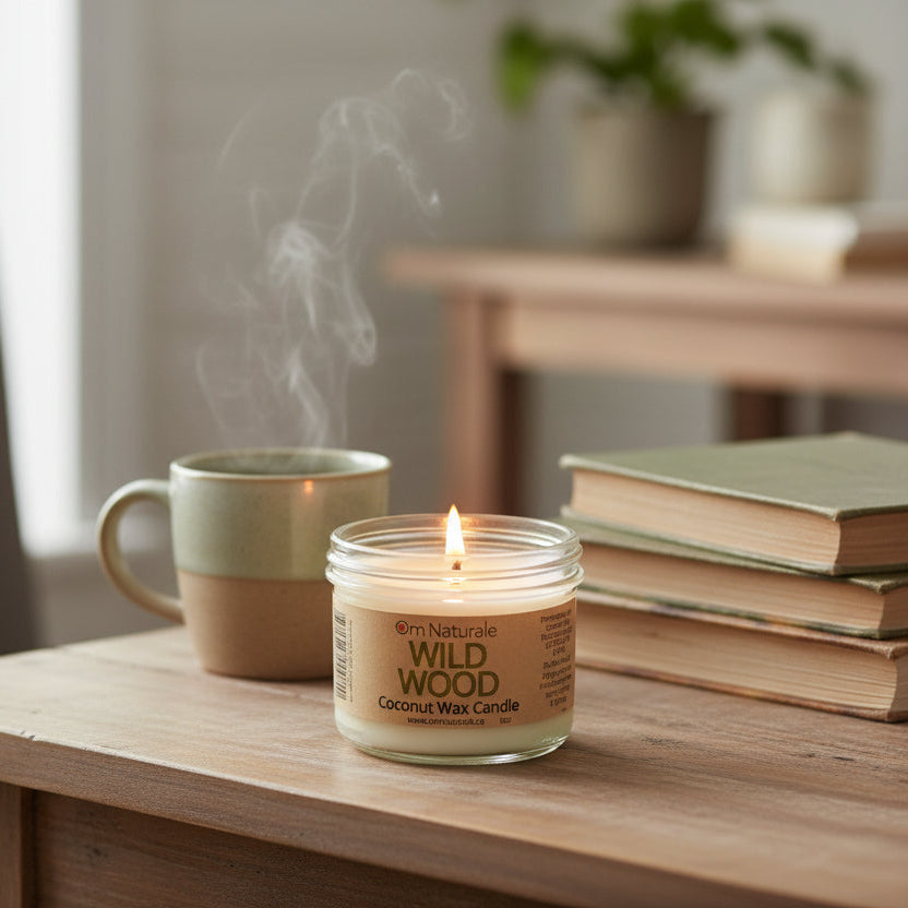 Close-up of Om Naturale Wild Wood Coconut Wax Candle in glass jar, highlighting natural plant-based wax and cedarwood, fir and pine essential oils