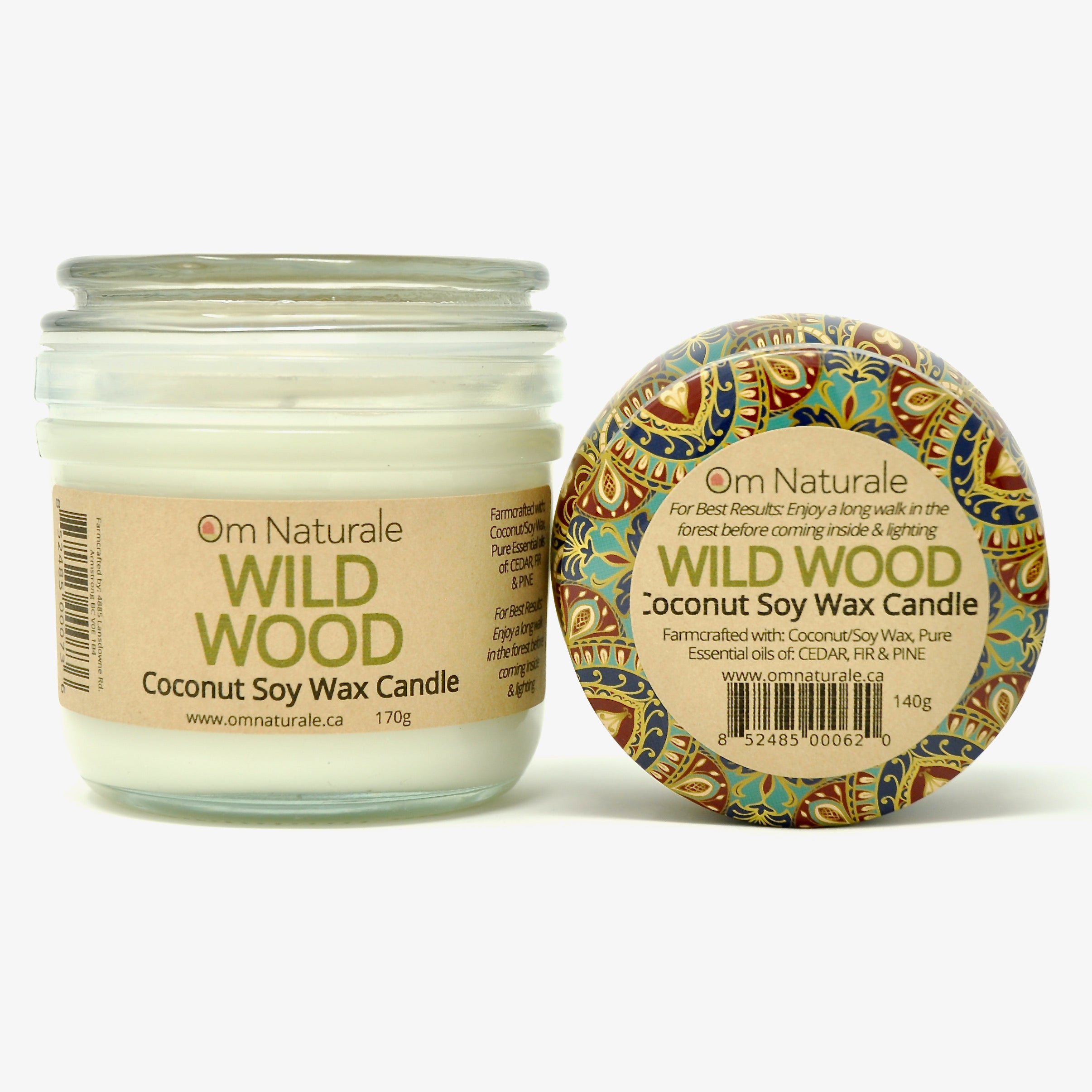 Om Naturale Wild Wood coconut wax candle with cedarwood, fir and pine essential oils, natural plant-based candle for woodsy home fragrance and clean burning aroma