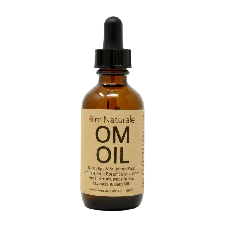 Om Oil with Wild Rose Hip & St. John's Wort by Om Naturale – multi-purpose botanical oil infused with Omgrown rose hips and St. John's wort, blended with geranium patchouli ylang ylang vanilla essential oils and vitamin E, in glass bottle for massage face bath use, farmcrafted in BC Canada 50ml.