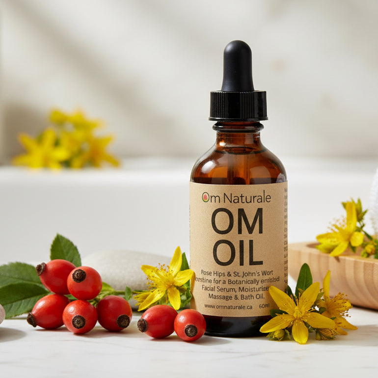 Om Oil displayed with wild rose hip and St. John's wort – natural multi-purpose oil with geranium patchouli ylang ylang vanilla aroma, Omgrown infusions from Om Naturale farm.