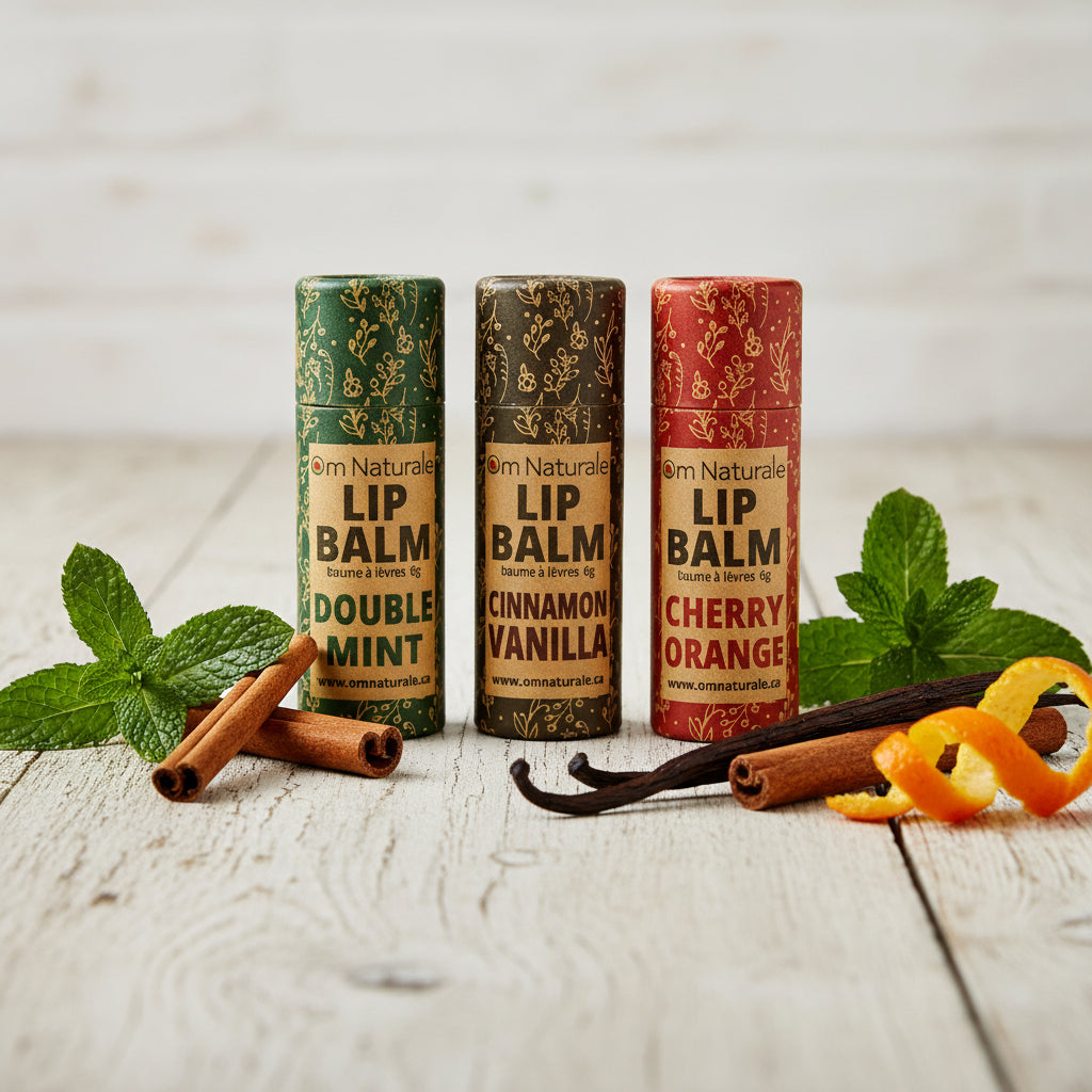 Om Naturale 100% Compostable Lip Balm in home-compostable tube, natural moisturizing formula with shea butter, beeswax, violet, St. John's Wort, and zinc for hydrated lips