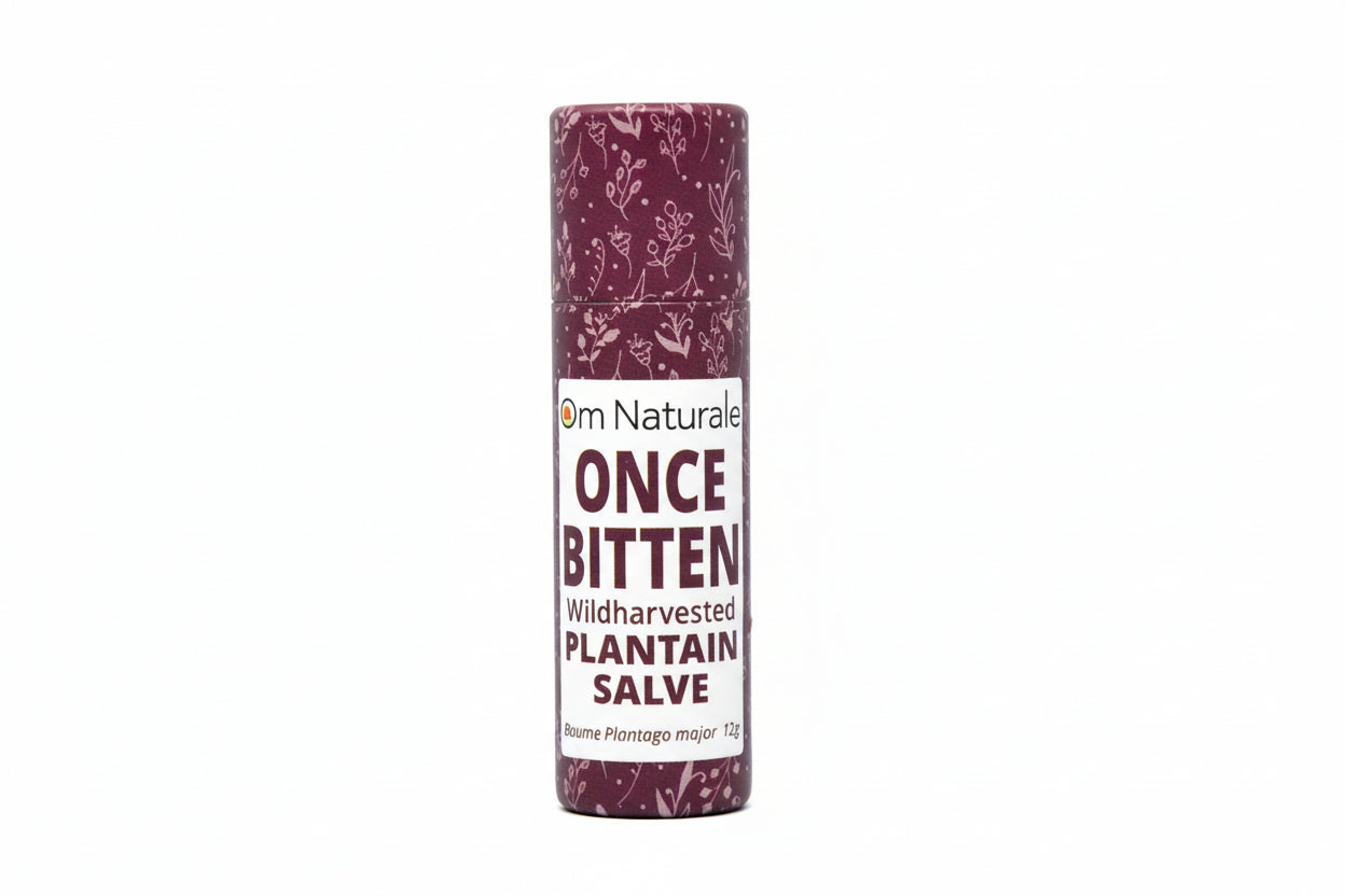 Once Bitten Plantain Salve by Om Naturale – wildharvested Omgrown plantain & poplar infused balm in compostable tube, blended with lavender and tea tree essential oils for soothing bug bites and itches, farmcrafted in BC Canada, 12g.