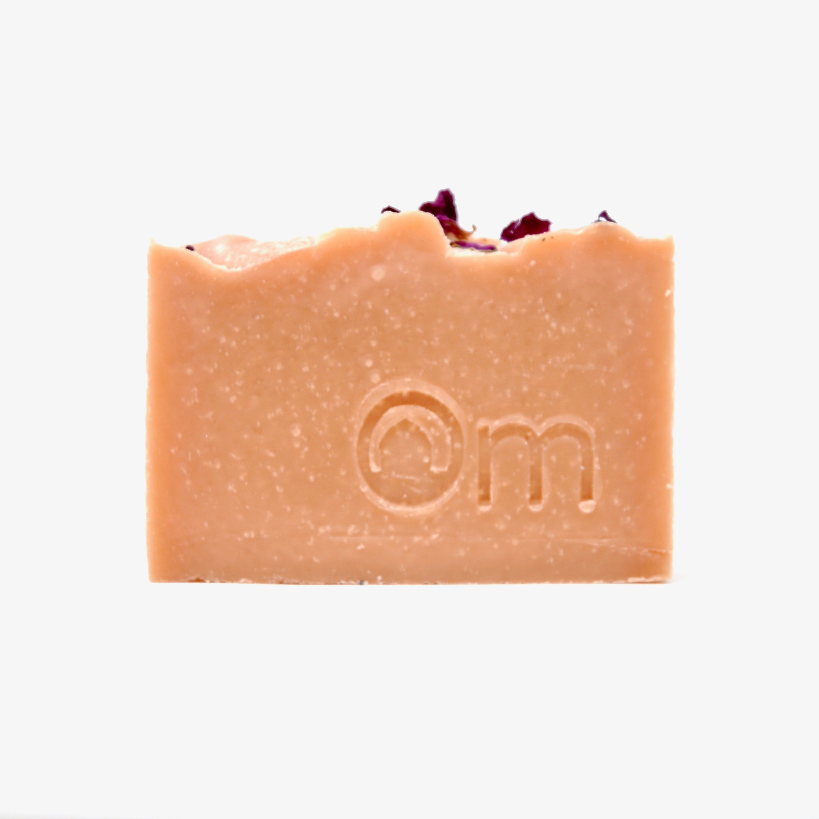 Palm oil free rose soap with wildcrafted petals – enduring classic scented with rose geranium and geranium, soft pink French clay color, gentle natural cleansing bar by Om Naturale.