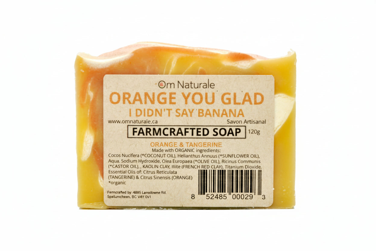 Natural Orange You Glad soap – palm oil free with zesty orange tangerine essential oils smelling like freshly peeled fruit, eco-friendly farmcrafted bar from Om Naturale Armstrong BC.
