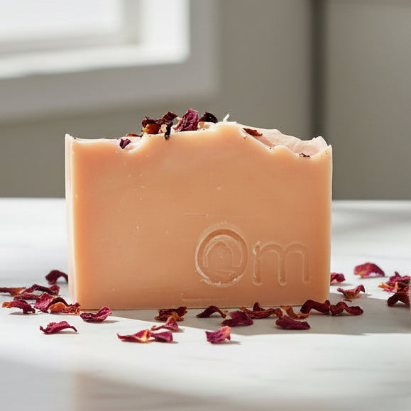 Rose soap in elegant bathroom setting – natural palm oil free bar topped with rose petals, scented with geranium essential oils for luxurious daily ritual, by Om Naturale Canada.
