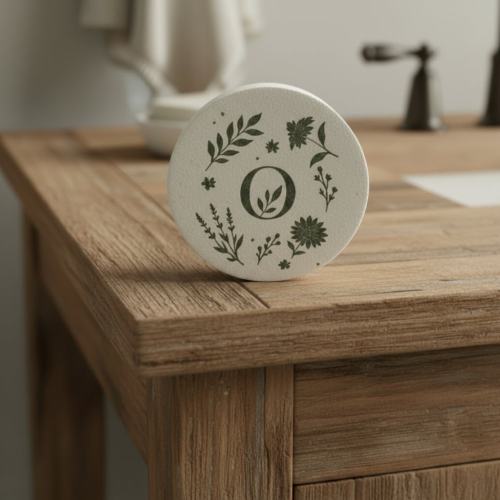 Round Eco Sponge beside a bathroom sink.