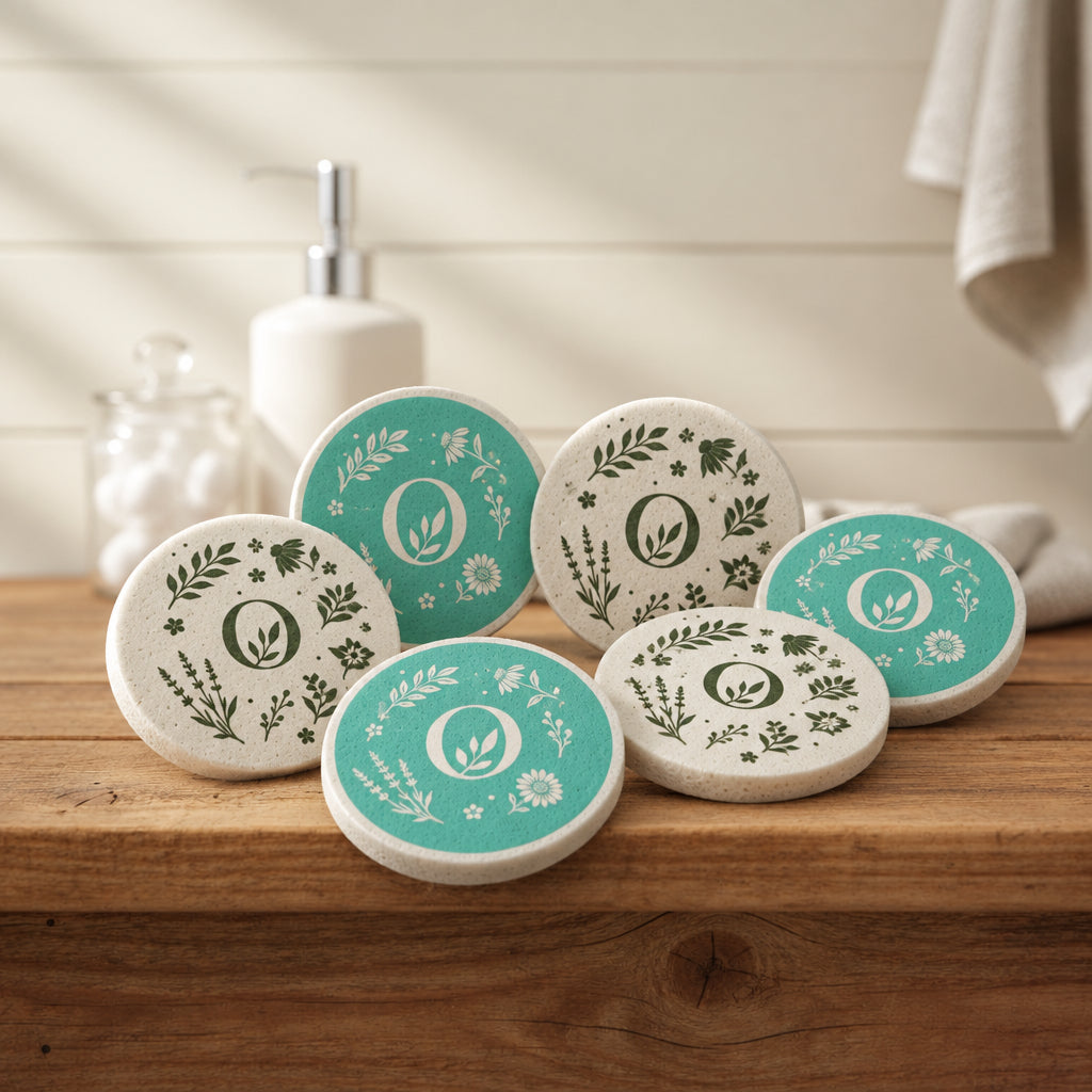 Teal and White Round Eco Sponges on a bathroom vanity.