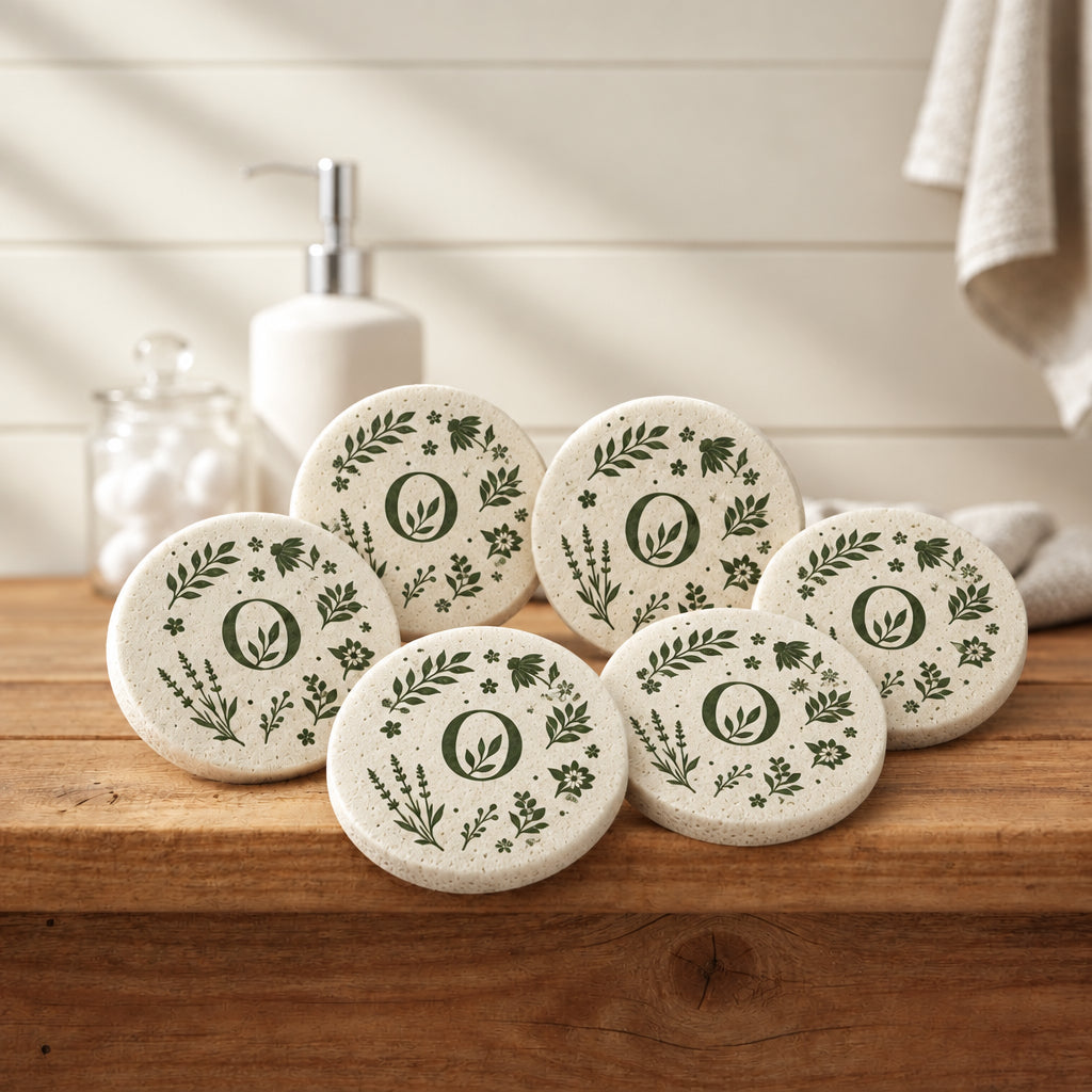 Teal and White Round Eco Sponges on a bathroom vanity.