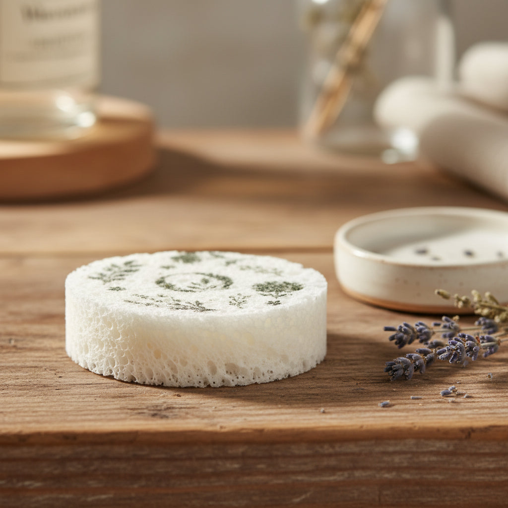 Side profile showing the thickness and soft texture of the reusable Round Eco Sponge.