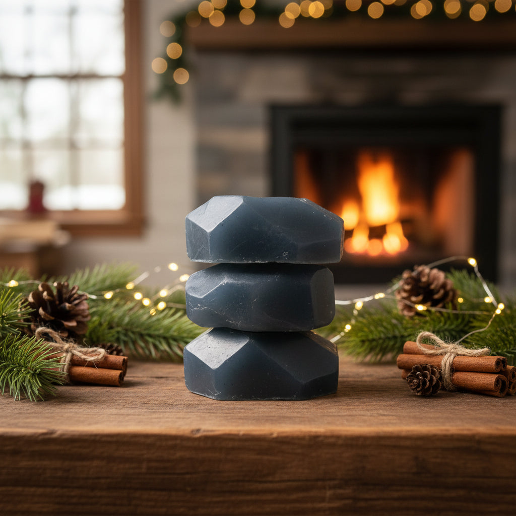 Santa's Naughty List handmade Christmas soaps featuring coal soaps in compostable gift bags.