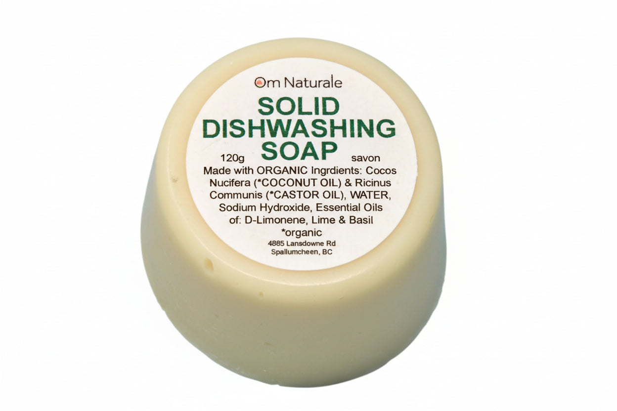 Solid Dishwashing Soap by Om Naturale – eco-friendly dish bar with lime lemon basil essential oils for refreshing scent, septic safe and plastic free, powerful natural cleaner handmade in BC Canada.