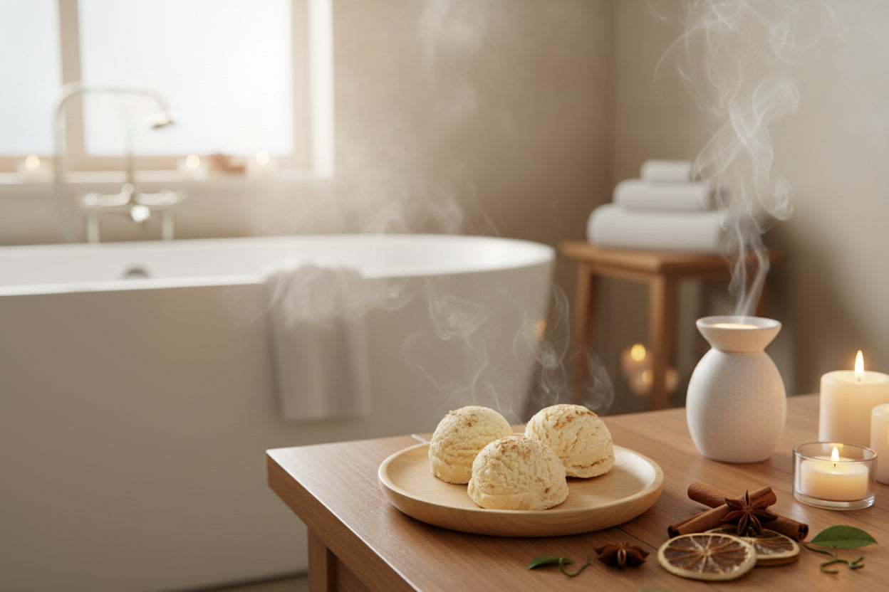 Cozy chai-scented tub truffle fizzing with cinnamon and vanilla notes, sustainable handmade bath treat from Armstrong BC.