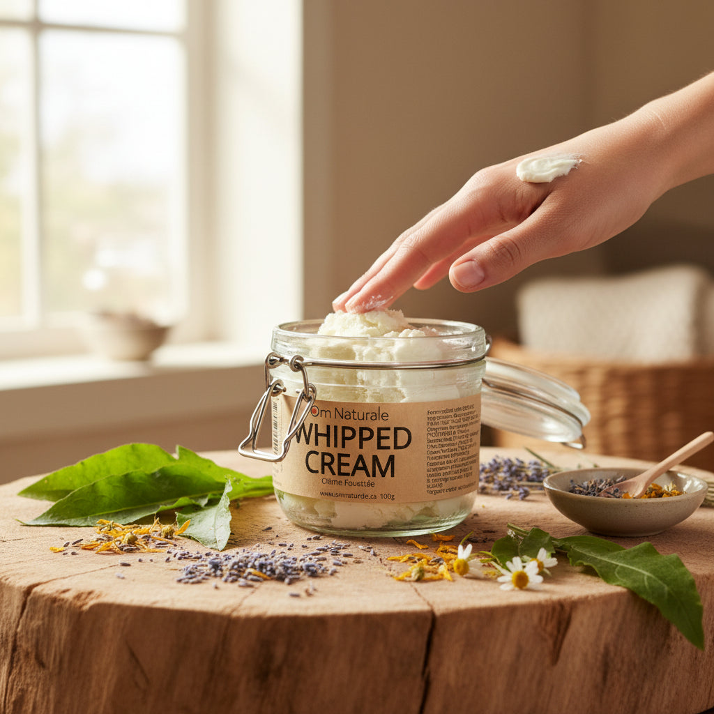 Whipped shea body cream displayed with wildharvested comfrey – organic, nourishing moisturizer for whole body, light airy texture from Om Naturale farm in BC