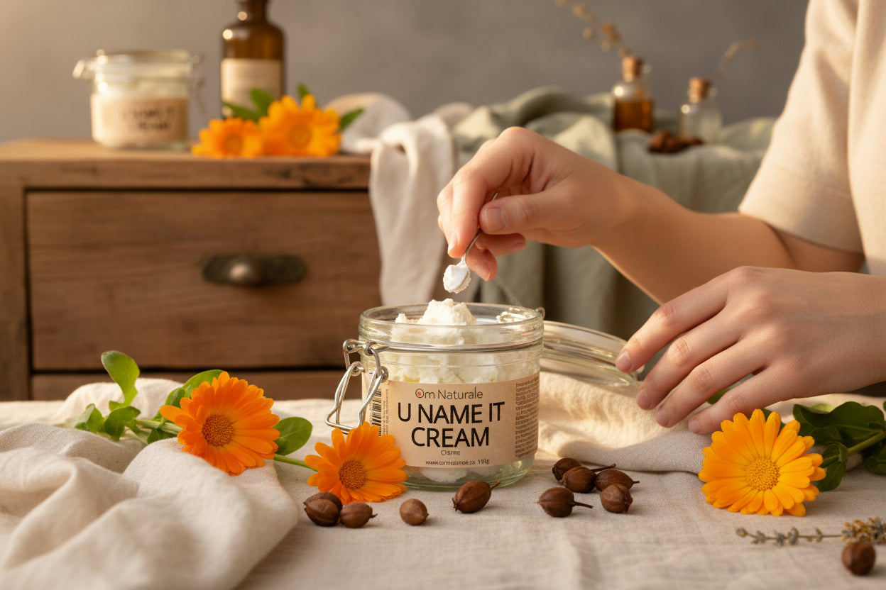 U Name It Zinc Cream displayed with wildharvested calendula and poplar – organic shea and zinc oxide multi-purpose cream, gentle nourishing texture with lavender chamomile vanilla, from Om Naturale farm.