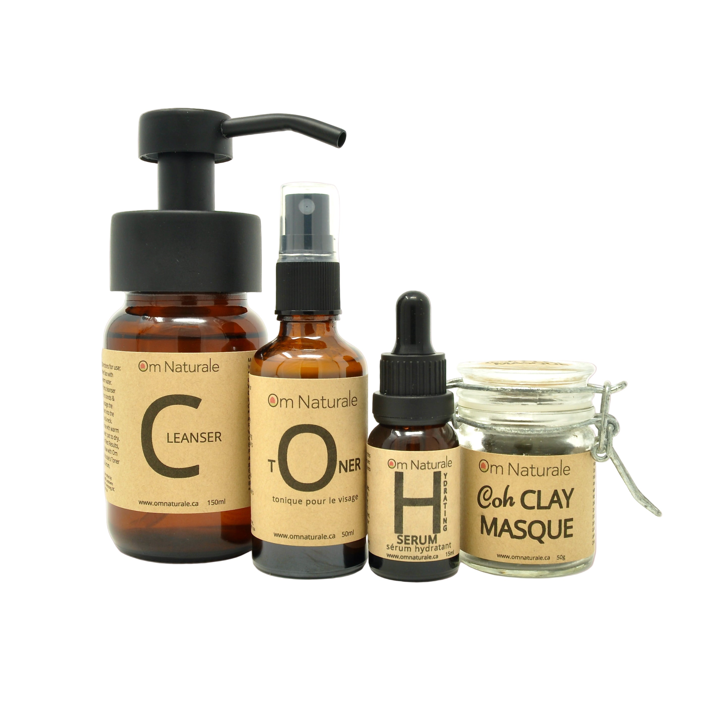 Om Naturale Coh natural skincare set: gentle cleanser, hydrating toner, antioxidant-rich rosehip green tea gotu kola serum, and nourishing masque – handcrafted in Canada with eco-friendly recyclable packaging