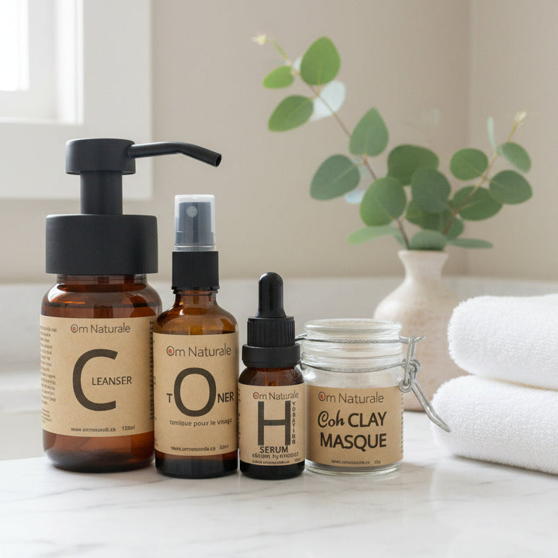 Om Naturale COH skincare collection featuring vitamin C cleanser, toner, serum and clay masque, natural plant-based skincare routine made in small batches