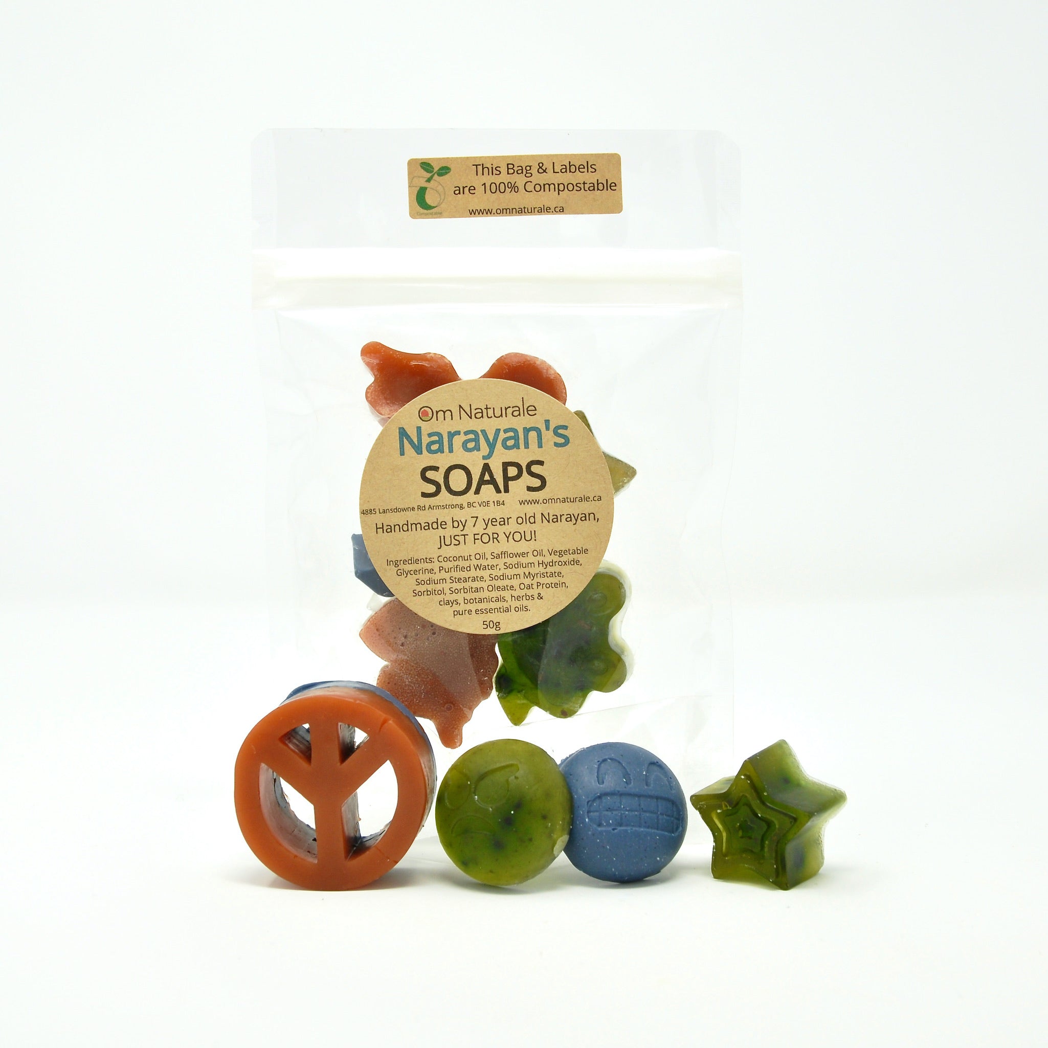 Narayan & Bodhi’s Lil Soaps compostable pouch on white background, handmade natural mini soaps from Om Naturale