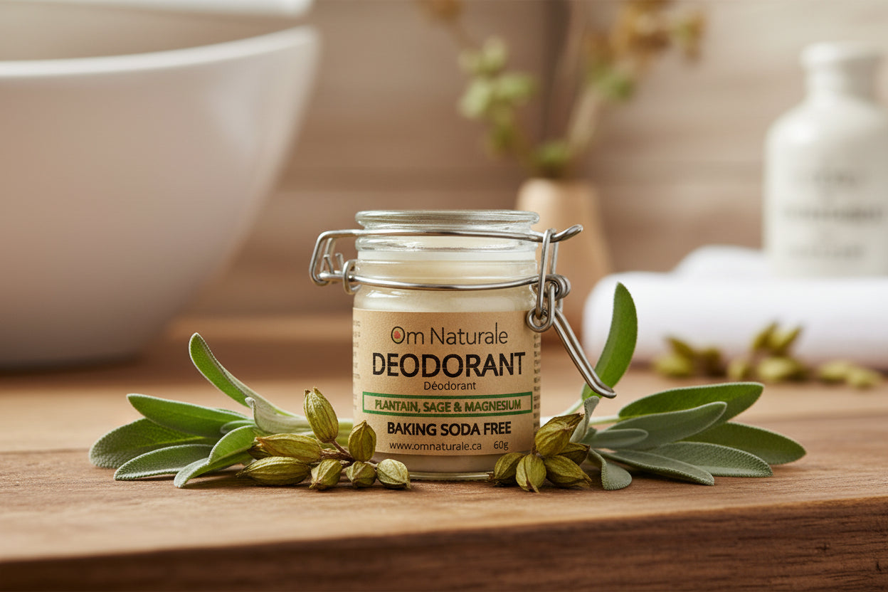 Baking soda free deodorant application – natural sage-infused paste, aluminum-free and gentle, subtle fresh scent from essential oils, Om Naturale Canada.