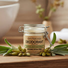 Baking soda free deodorant application – natural sage-infused paste, aluminum-free and gentle, subtle fresh scent from essential oils, Om Naturale Canada.