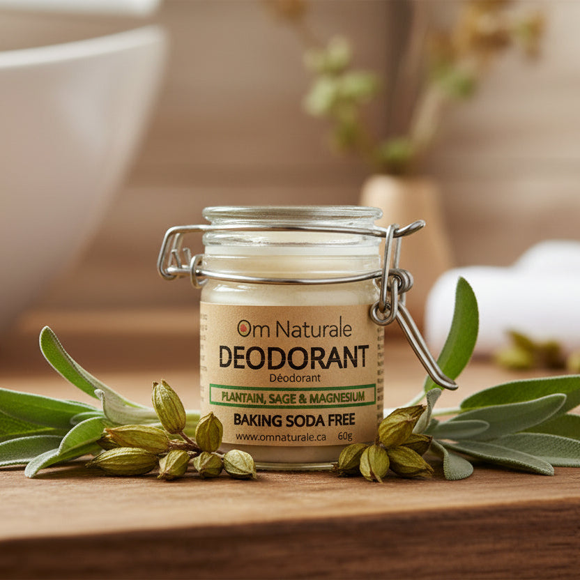 Baking soda free deodorant application – natural sage-infused paste, aluminum-free and gentle, subtle fresh scent from essential oils, Om Naturale Canada.