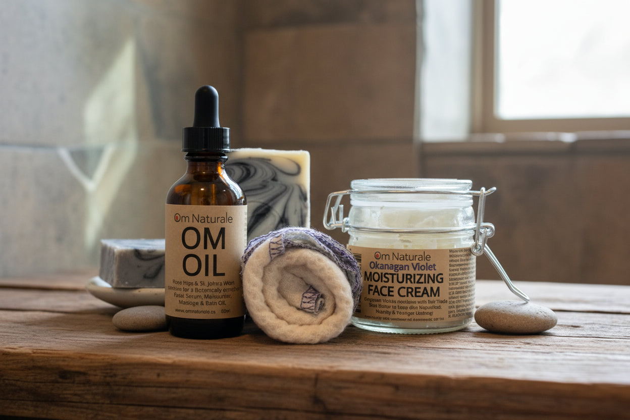 Om Naturale Body Care collection – handcrafted small batch natural products like calendula balm, hand & body lotion, deodorant & oils in sustainable refillable packaging, proudly made in Armstrong BC