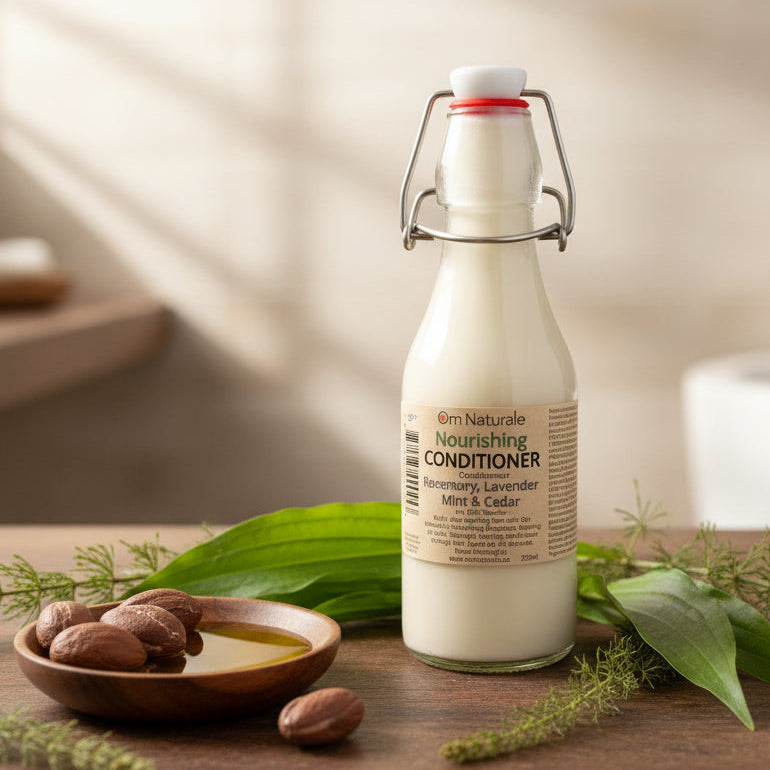 Nourishing conditioner displayed with argan oil, plantain, and horsetail – natural blend for hair & scalp softness, essential oils infusion, eco refillable from Om Naturale farm.