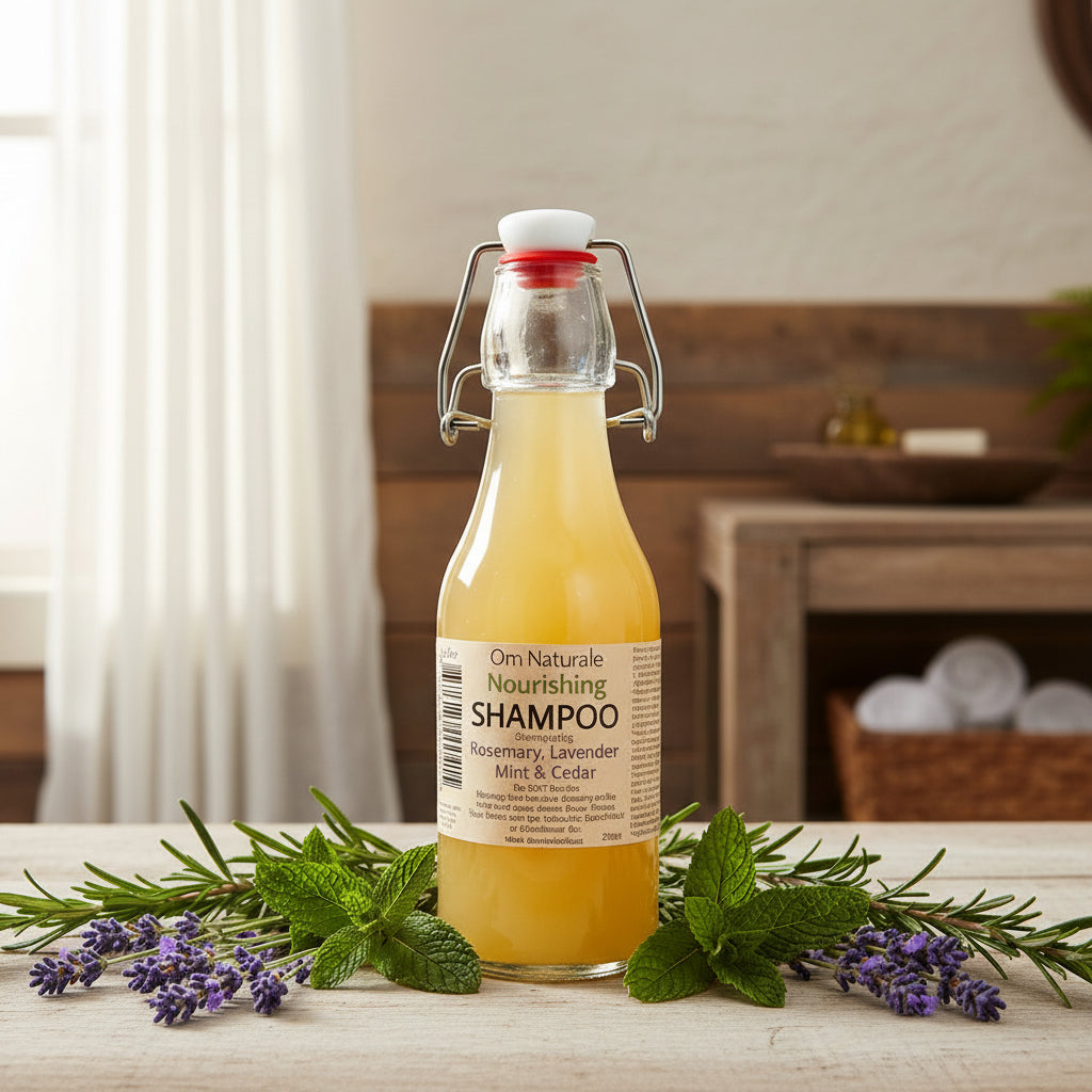 Nourishing shampoo displayed with Omgrown herbal infusions (lavender peppermint nettles chamomile) – natural soap-free cleanser with essential oils, eco refillable from Om Naturale farm.