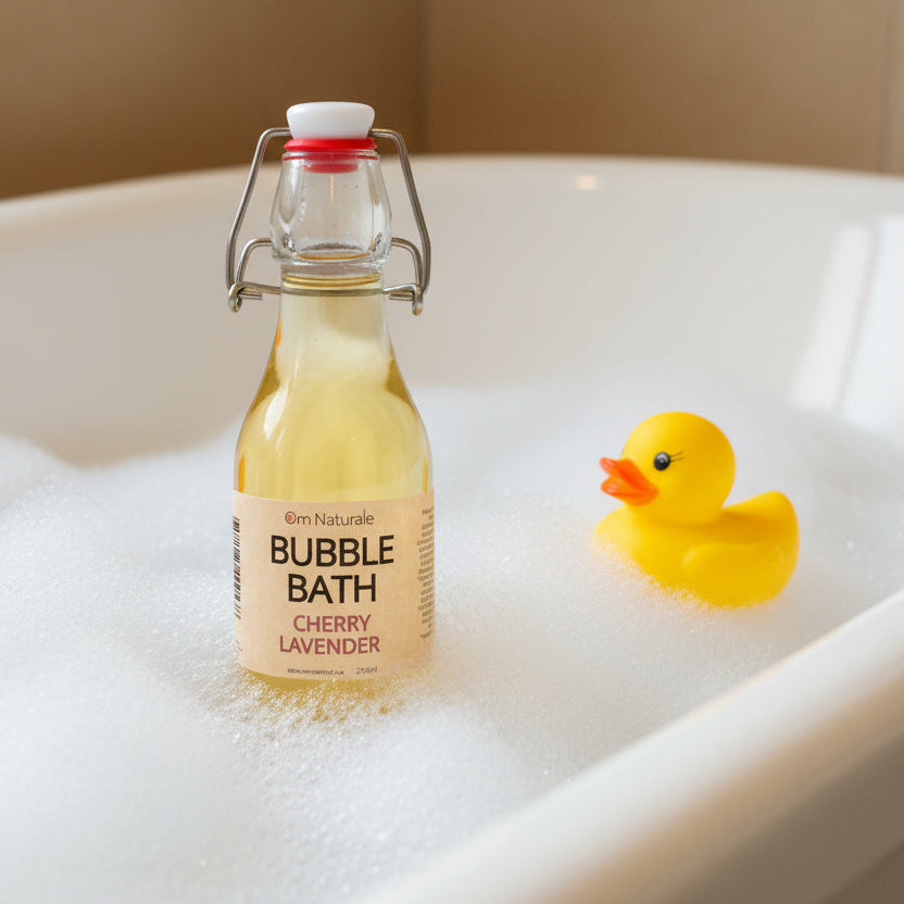 Bubble Bath with organic chamomile, Omgrown lavender & aloe – plant-based bubbles for luxurious soaks, handcrafted small batch in sustainable bottle from Om Naturale Armstrong BC, Canadian natural bath care