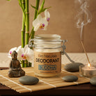 Buddha natural deodorant in jar – earthy citrus herbal scent from essential oils, natural sage formula allows sweating without odor, eco from Om Naturale Armstrong.