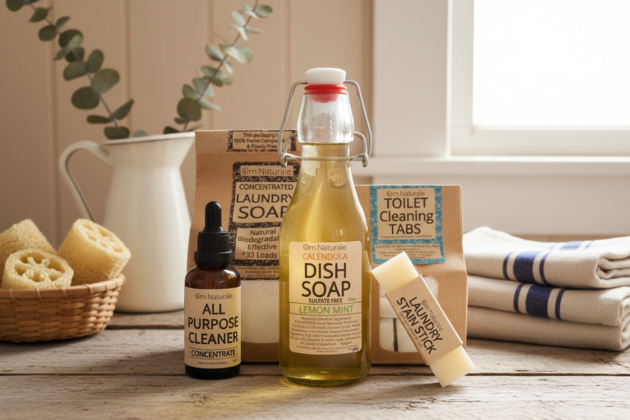 Om Naturale Cleaning & Laundry collection – small batch eco-friendly products including all-purpose cleaner, laundry soap, dish soap & dryer balls in sustainable refillable/compostable packaging, handcrafted in Armstrong BC